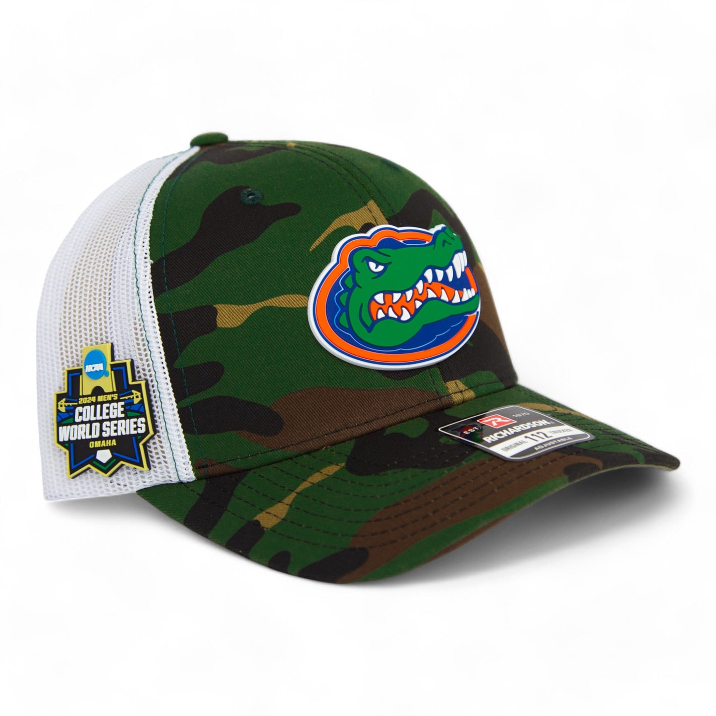 Florida Gators 2024 Men's College World Series Snapback Trucker Hat- Army Camo/ White