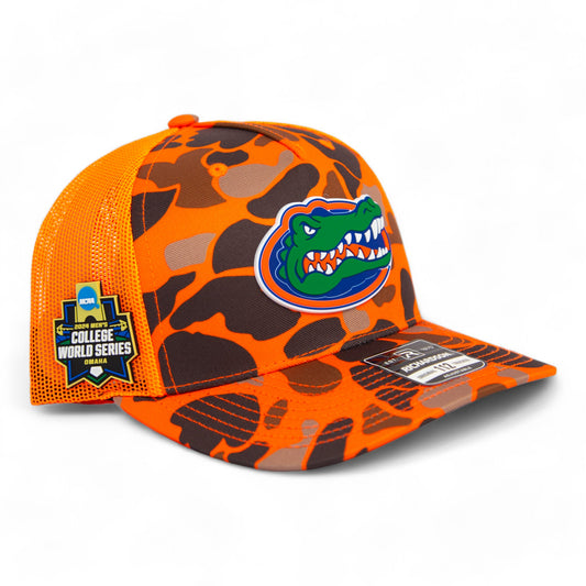 Florida Gators 2024 Men's College World Series Snapback Trucker Hat- Blaze Duck Camo/ Blaze