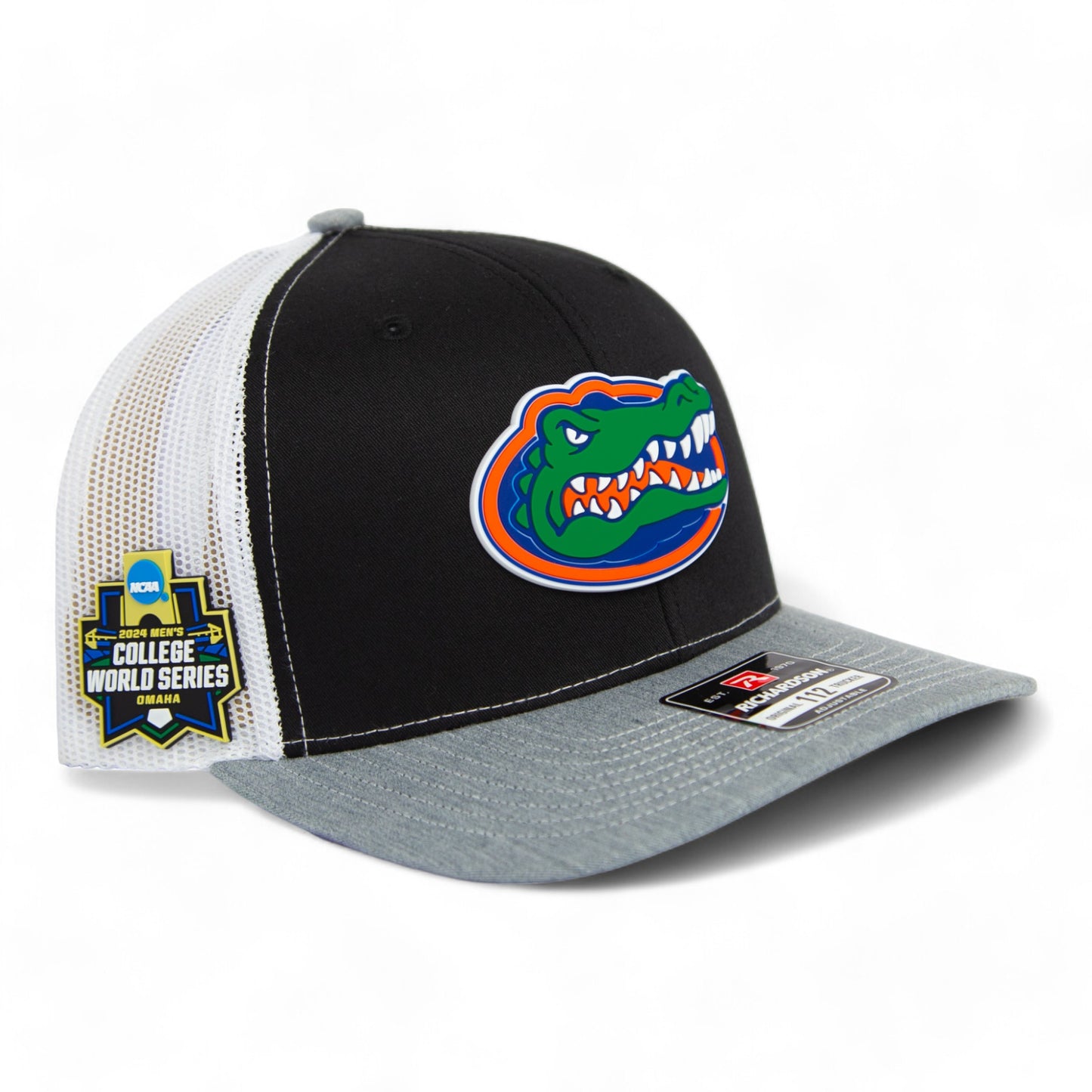 Florida Gators 2024 Men's College World Series Snapback Trucker Hat- Black/ White/ Heather Grey