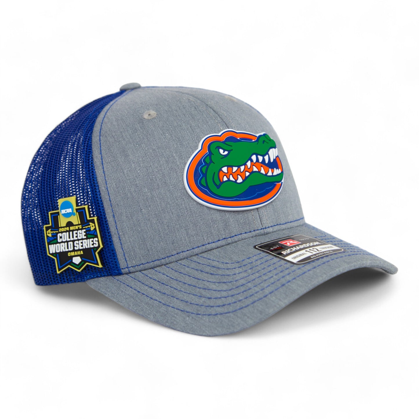 Florida Gators 2024 Men's College World Series Snapback Trucker Hat- Heather Grey/ Royal