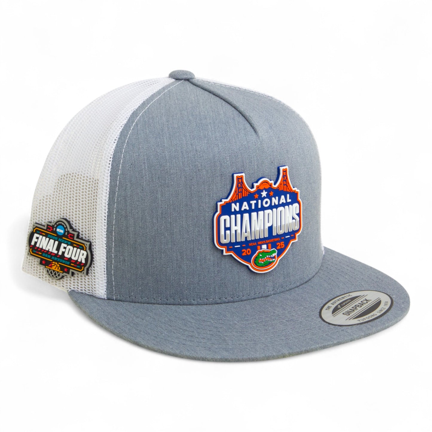 Florida Gators 2025 Final Four National Champions 3D YP Snapback Flat Bill Trucker Hat- Heather Grey/ White