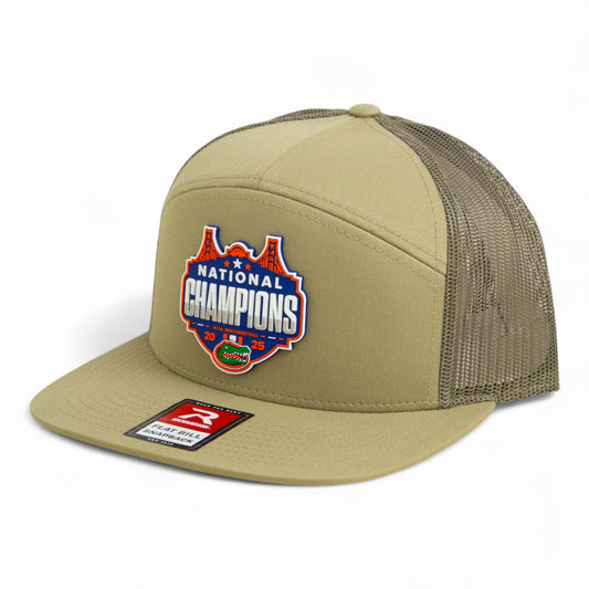 Florida Gators 2025 Basketball National Champions 3D Snapback Seven-Panel Flat Bill Trucker Hat- Pale Khaki/ Loden Green