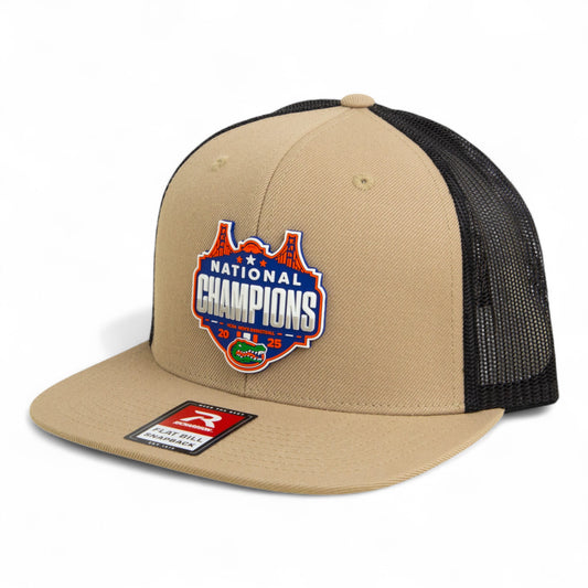 Florida Gators 2025 Basketball National Champions 3D Wool Blend Flat Bill Hat- Tan/ Black
