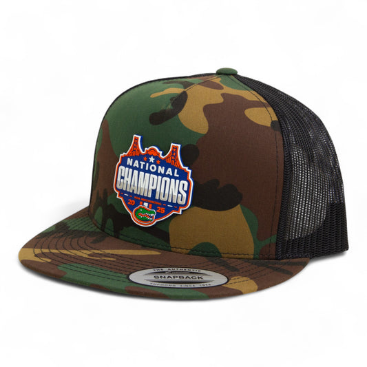 Florida Gators 2025 Basketball National Champions 3D YP Snapback Flat Bill Trucker Hat- Army Camo/ Black