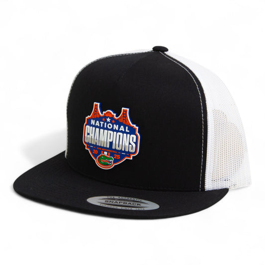 Florida Gators 2025 Basketball National Champions 3D YP Snapback Flat Bill Trucker Hat- Black/ White