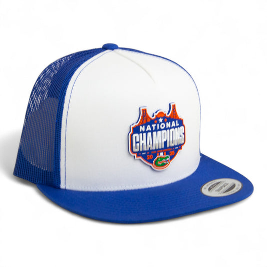 Florida Gators 2025 Basketball National Champions 3D YP Snapback Flat Bill Trucker Hat- White/ Royal