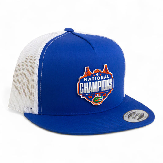 Florida Gators 2025 Basketball National Champions 3D YP Snapback Flat Bill Trucker Hat- Royal/ White