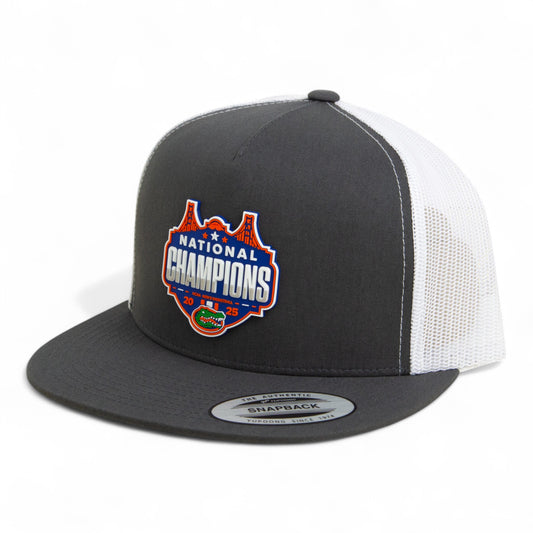 Florida Gators 2025 Basketball National Champions 3D YP Snapback Flat Bill Trucker Hat- Charcoal/ White