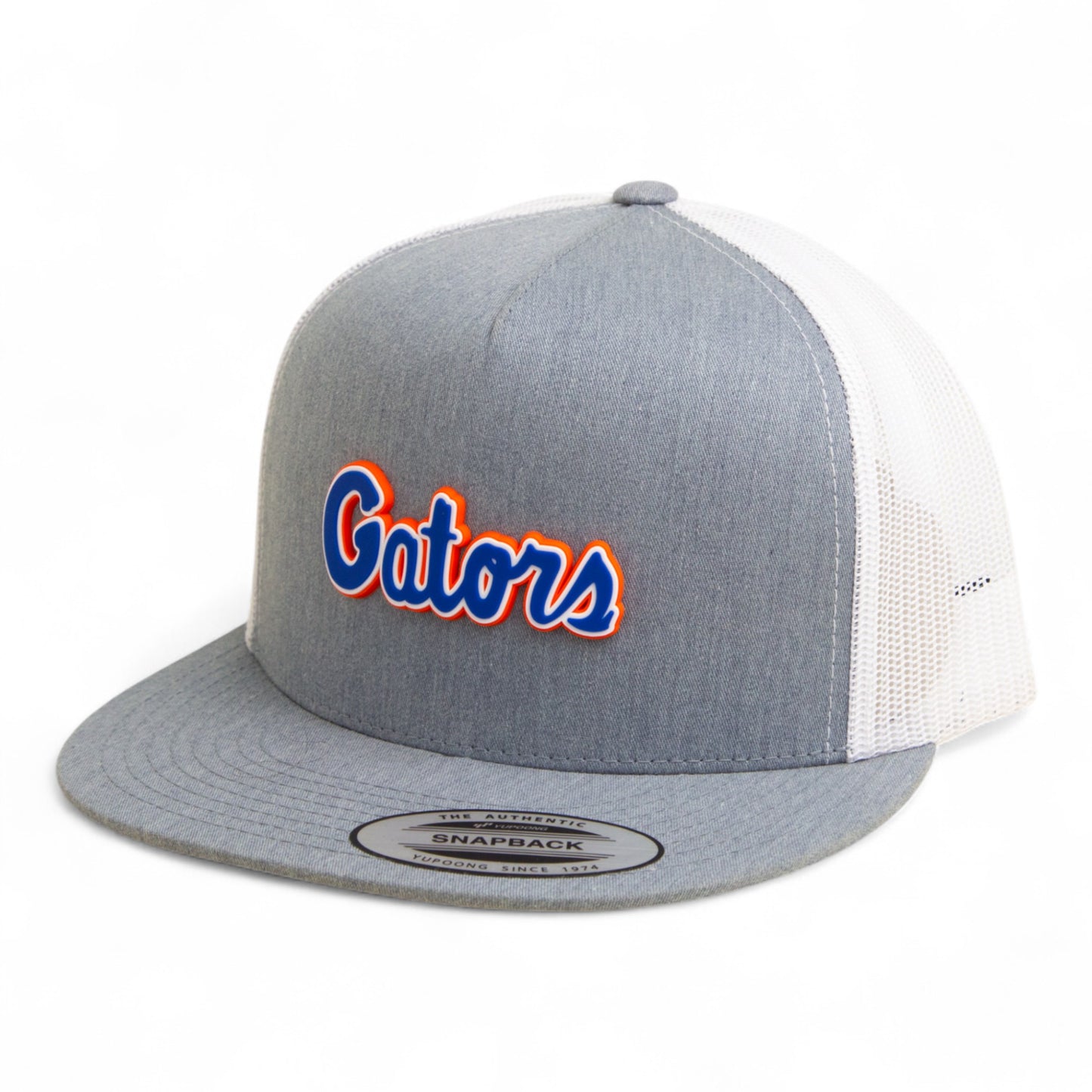 Florida Gators Script Blue 3D YP Snapback Flat Bill Trucker Hat- Heather Grey/ White