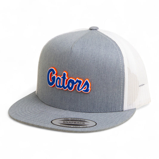 Florida Gators Script Blue 3D YP Snapback Flat Bill Trucker Hat- Heather Grey/ White