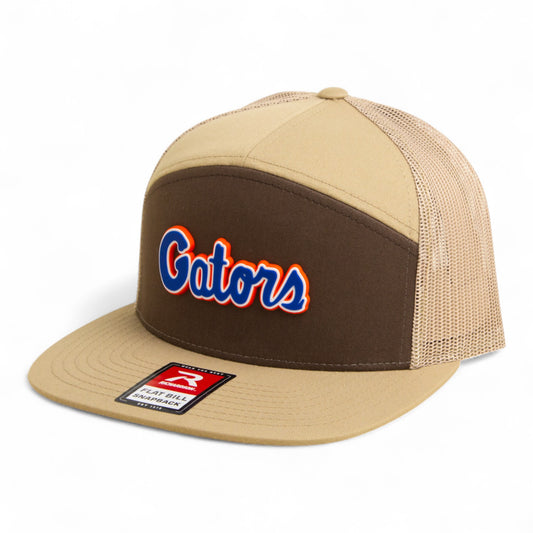 Florida Gators Script Blue 3D Snapback Seven-Panel Flat Bill Trucker Hat- Brown/ Tan