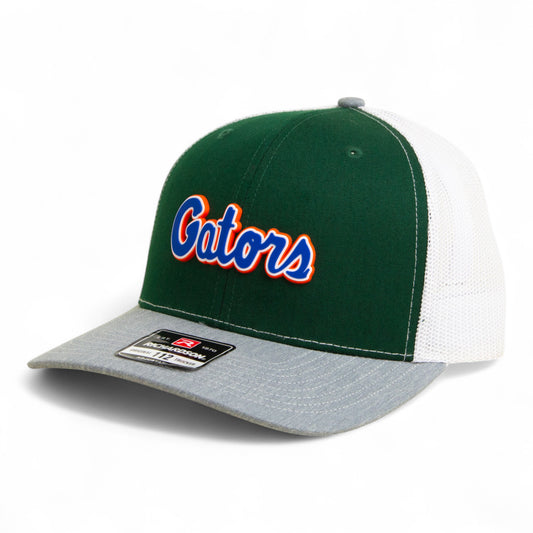 Florida Gators Script Blue 3D Snapback Trucker Hat- Dark Green/ White/ Heather Grey