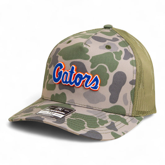 Florida Gators Script Blue 3D Snapback Trucker Hat- Marsh Duck Camo/ Loden