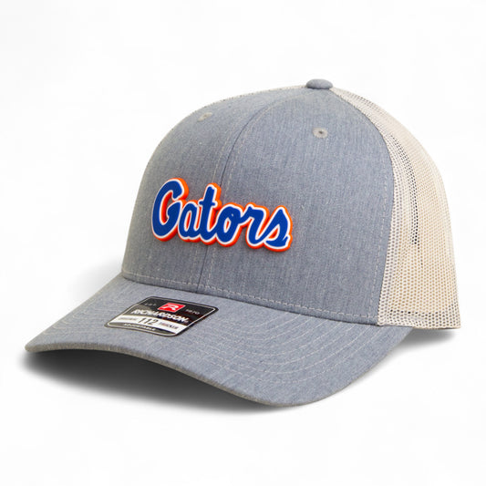 Florida Gators Script Blue 3D Snapback Trucker Hat- Heather Grey/ Light Grey