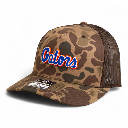 Florida Gators Script Blue 3D Snapback Trucker Hat- Bark Duck Camo/ Brown