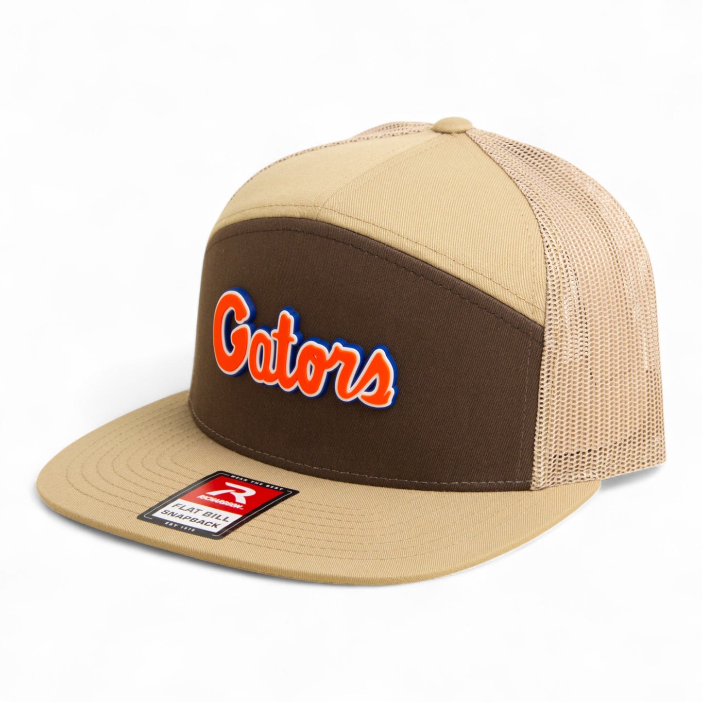 Florida Gators Script Orange 3D Snapback Seven-Panel Flat Bill Trucker Hat- Brown/ Tan