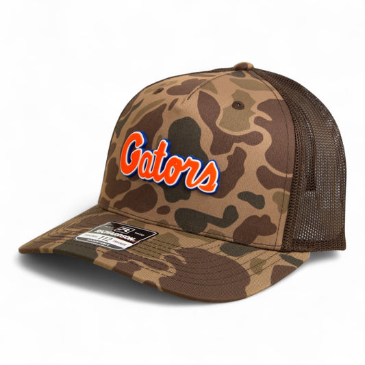 Florida Gators Script Orange 3D Snapback Trucker Hat- Bark Duck Camo/ Brown
