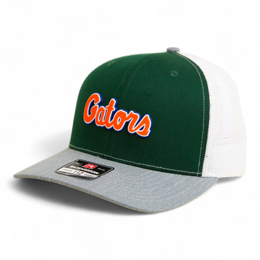 Florida Gators Script Orange 3D Snapback Trucker Hat- Dark Green/ White/ Heather Grey