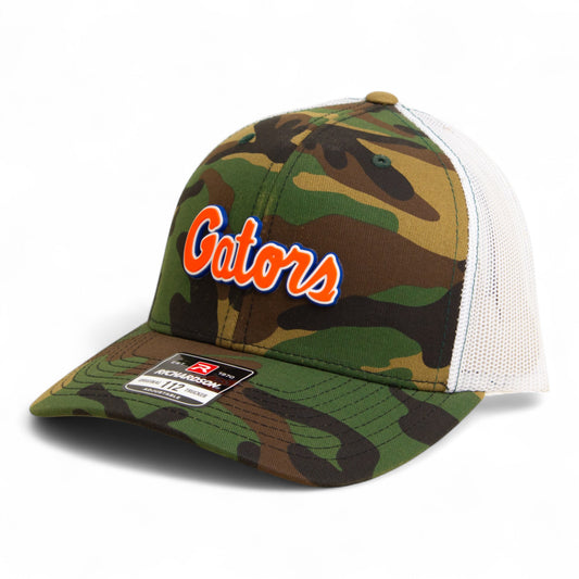 Florida Gators Script Orange 3D Snapback Trucker Hat- Army Camo/ White