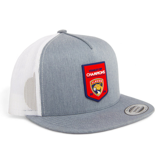 Florida Panthers Stanley Cup Champions 3D YP Snapback Flat Bill Trucker Hat- Heather Grey/ White