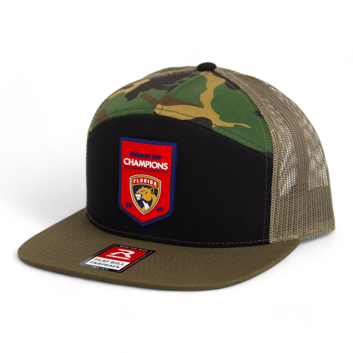 Florida Panthers Stanley Cup Champions 3D Snapback Seven-Panel Flat Bill Trucker Hat- Black/ Camo/ Loden