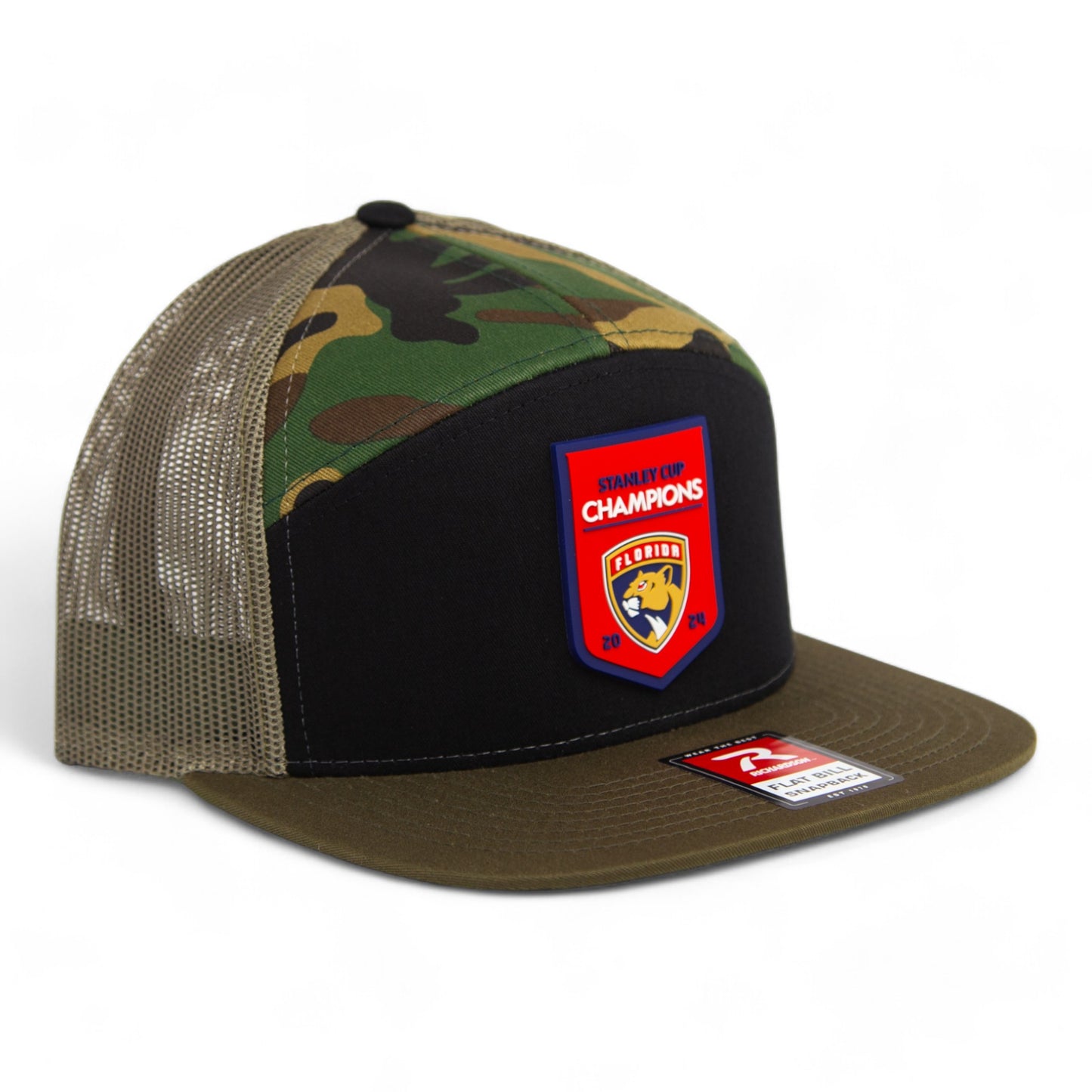 Florida Panthers Stanley Cup Champions 3D Snapback Seven-Panel Flat Bill Trucker Hat- Black/ Camo/ Loden