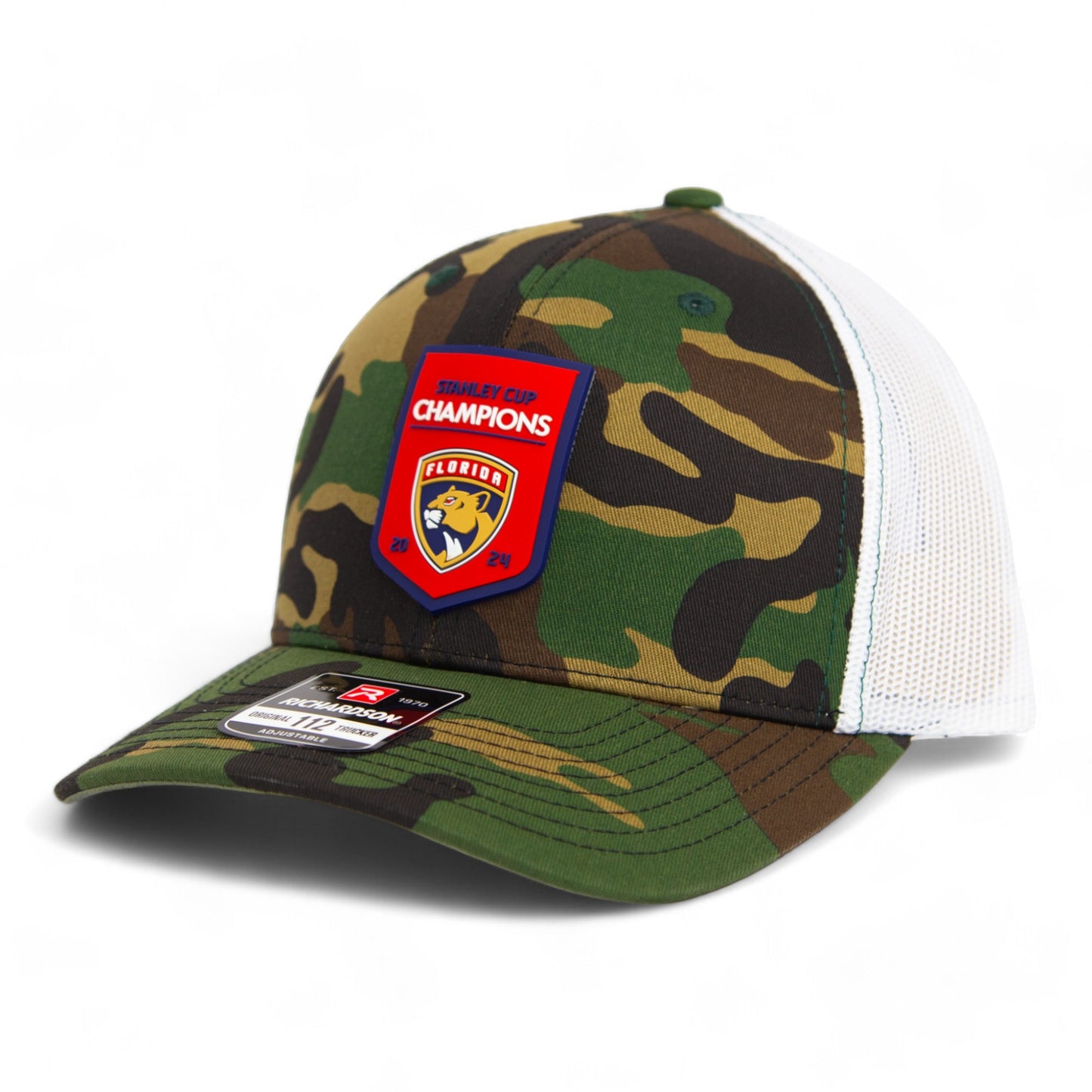 Florida Panthers Stanley Cup Champions 3D Snapback Trucker Hat- Army Camo/ White