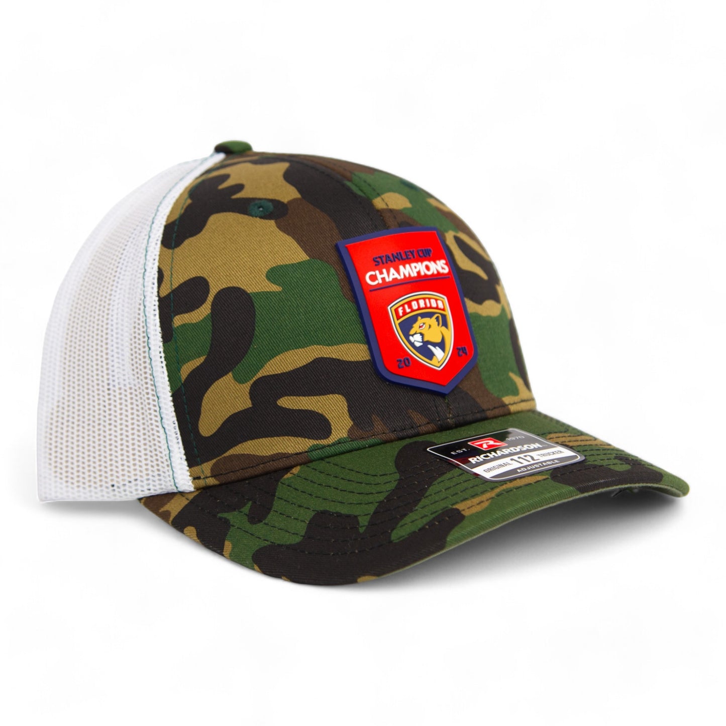 Florida Panthers Stanley Cup Champions 3D Snapback Trucker Hat- Army Camo/ White