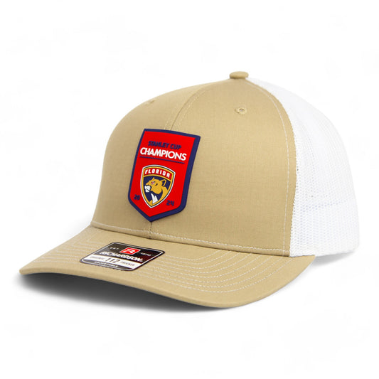 Florida Panthers Stanley Cup Champions 3D Snapback Trucker Hat- Tan/ White