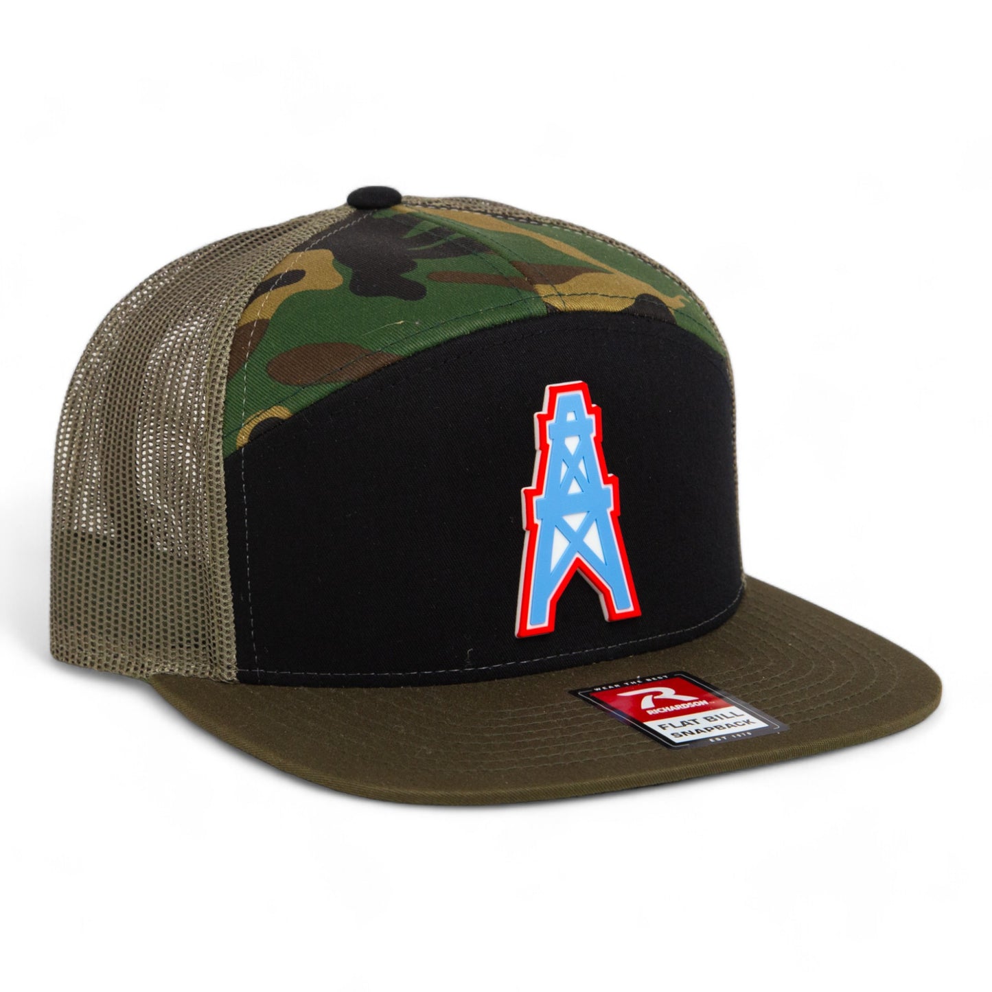 Houston Oilers 3D Snapback Seven-Panel Flat Bill Trucker Hat- Black/ Camo/ Loden