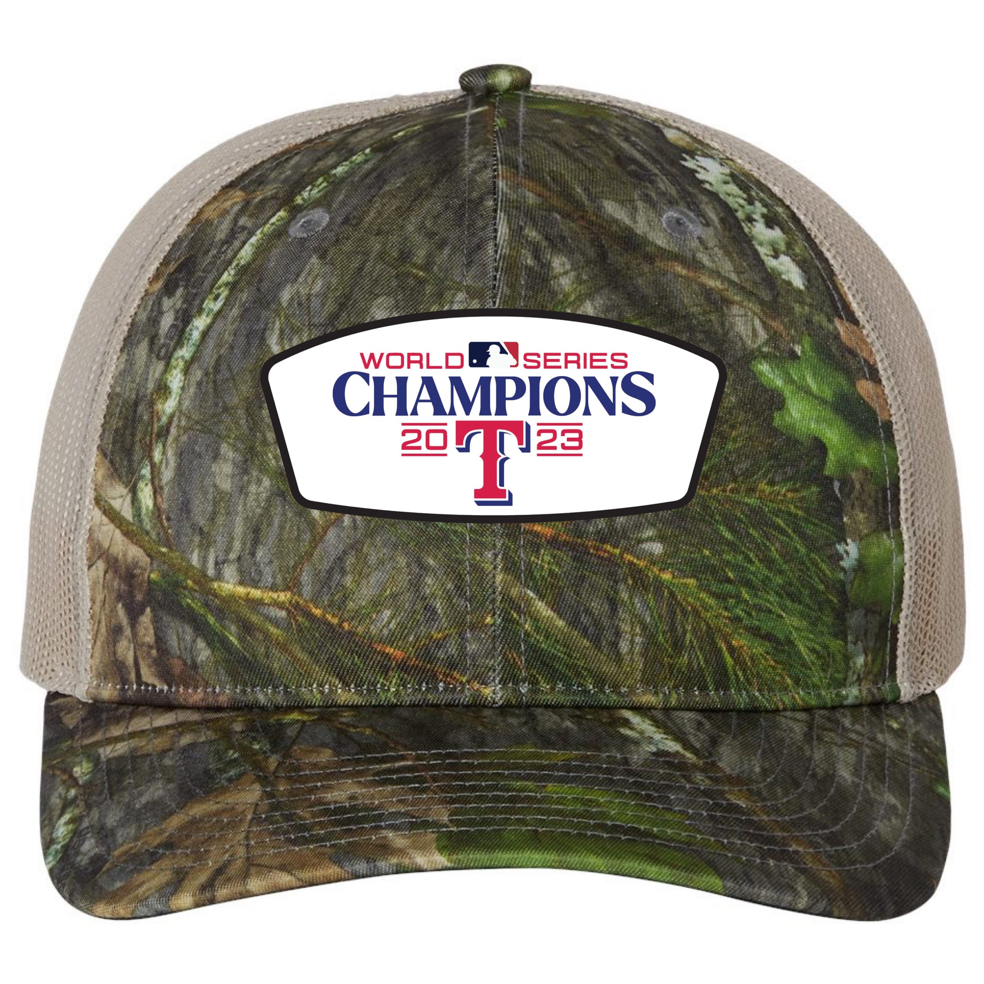 Texas Rangers 2023 World Series Champions Snapback Trucker Hat- Mossy Oak Obsession/ Khaki - Ten Gallon Hat Co.