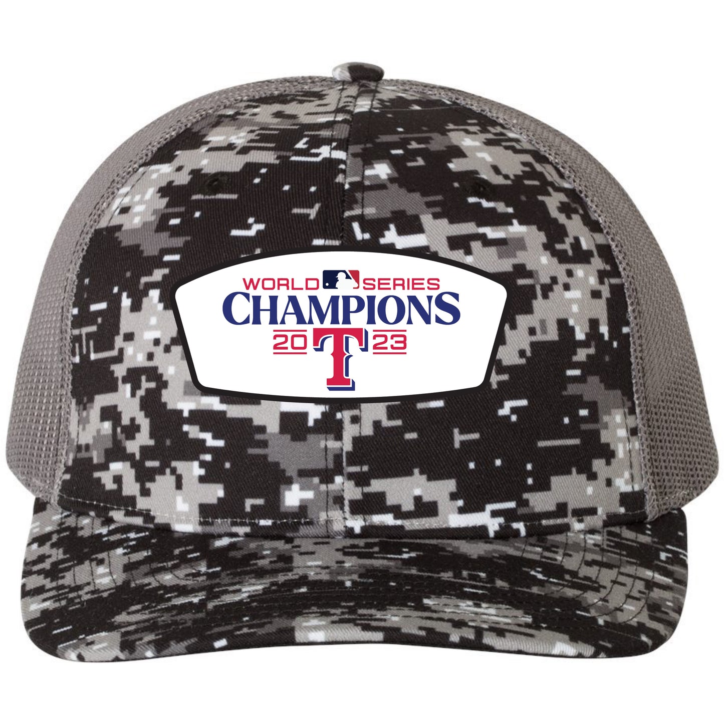 Texas Rangers 2023 World Series Champions 3D Snapback Trucker Hat- Black Digital Camo - Ten Gallon Hat Co.