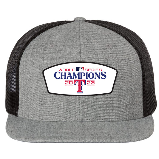 Texas Rangers 2023 World Series Champion 3D PVC Patch Wool Blend Flat Bill Hat- Heather Grey/ Black - Ten Gallon Hat Co.