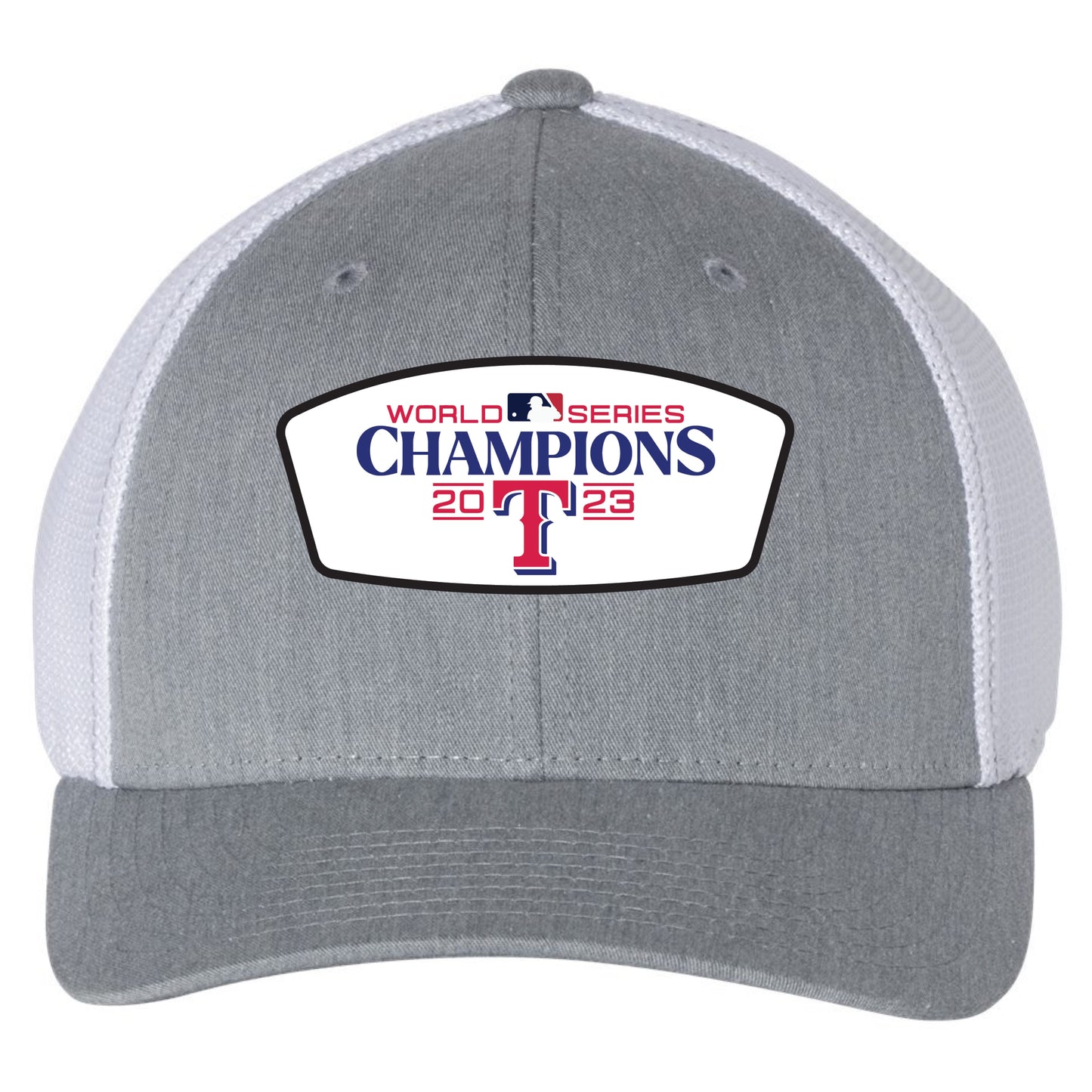 Texas Rangers 2023 World Series Champions 3D Fitted Trucker with R-Flex- Heather Grey/ White - Ten Gallon Hat Co.
