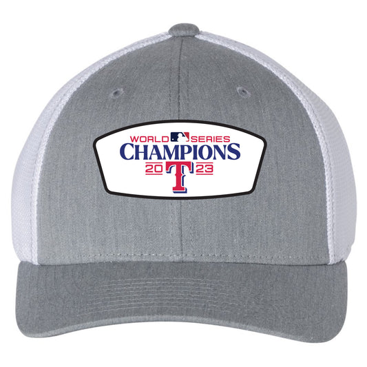 Texas Rangers 2023 World Series Champions 3D Fitted Trucker with R-Flex- Heather Grey/ White - Ten Gallon Hat Co.