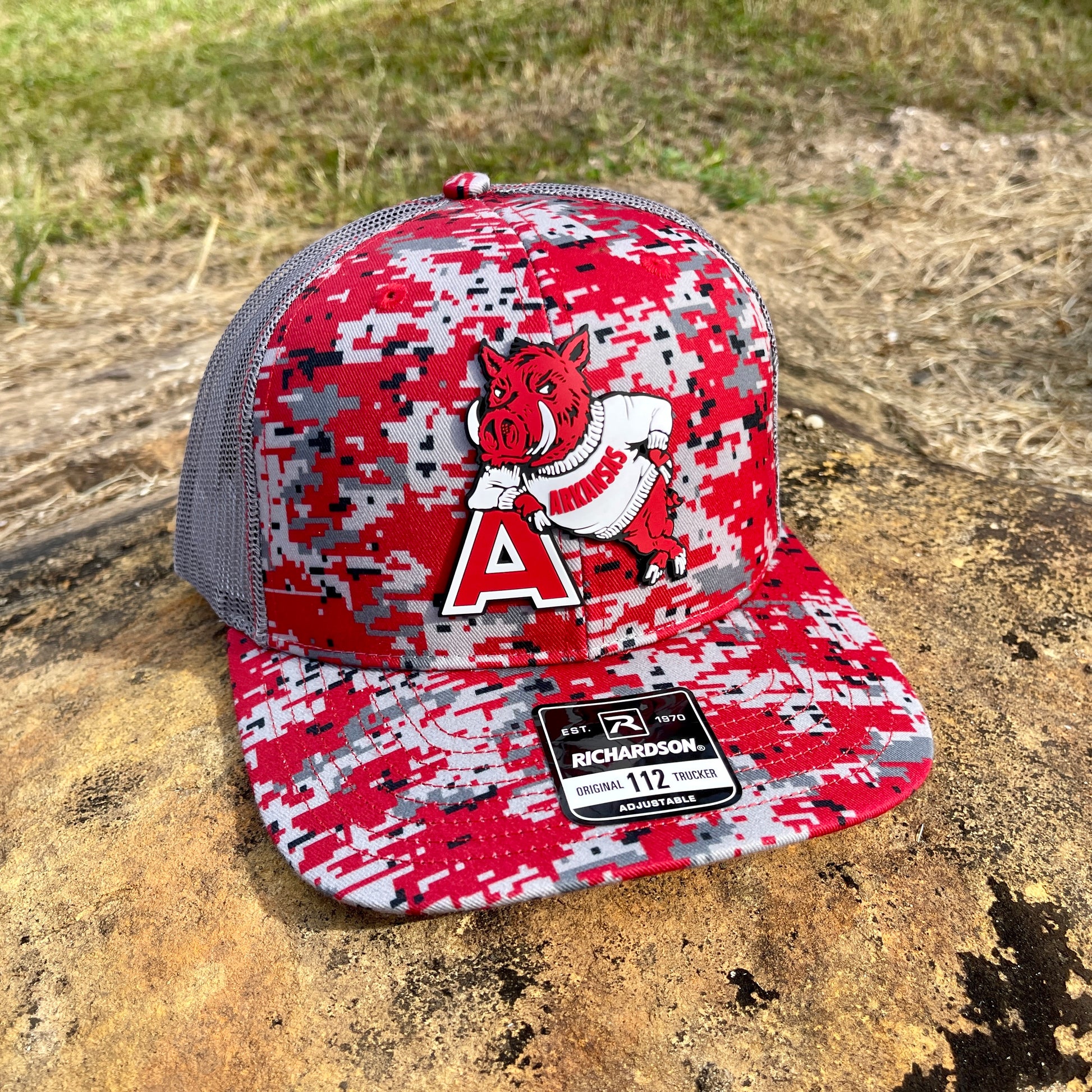 Arkansas Razorbacks- Leaning A 3D Patterned Snapback Trucker Hat- Red Digital Camo - Ten Gallon Hat Co.