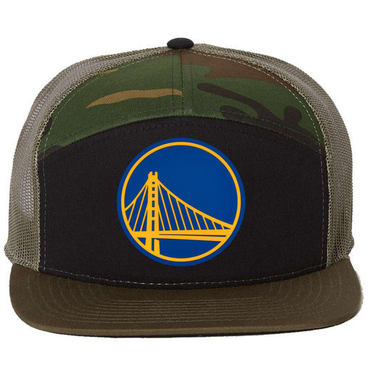 Golden State Warriors 3D Snapback Seven-Panel Trucker Hat- Black/ Camo/ Loden - Ten Gallon Hat Co.