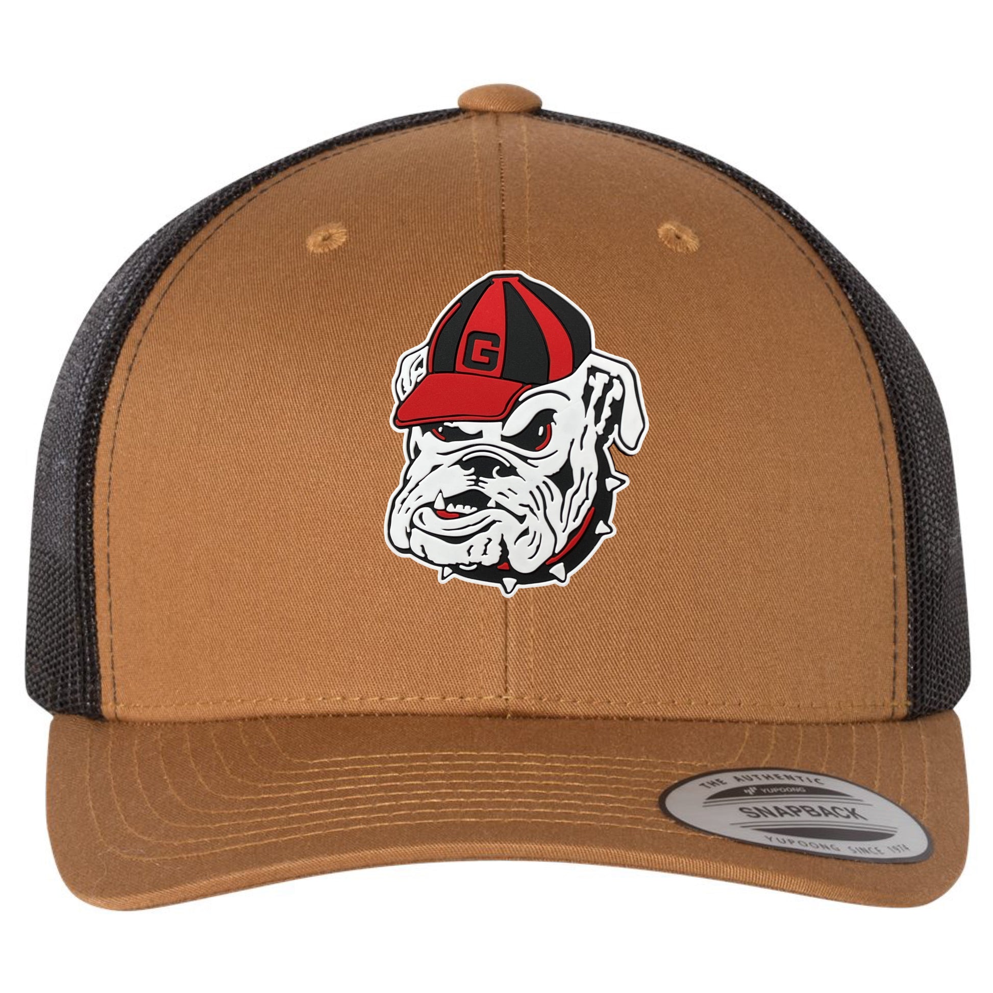 Georgia Bulldogs Vintage 3D Logo YP Snapback Trucker Hat- Caramel/ Black - Ten Gallon Hat Co.
