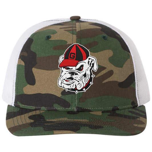 Georgia Bulldogs Vintage 3D Logo Patterned Snapback Trucker Hat- Army Camo/ White - Ten Gallon Hat Co.
