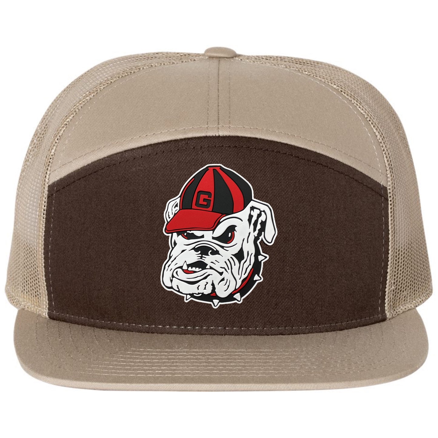 Georgia Bulldogs Vintage 3D Logo Snapback Seven-Panel Trucker Hat- Brown/ Khaki - Ten Gallon Hat Co.