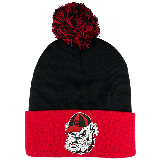 Georgia Bulldogs Vintage 3D Logo 12 in Knit Pom-Pom Top Beanie- Black/ Red - Ten Gallon Hat Co.