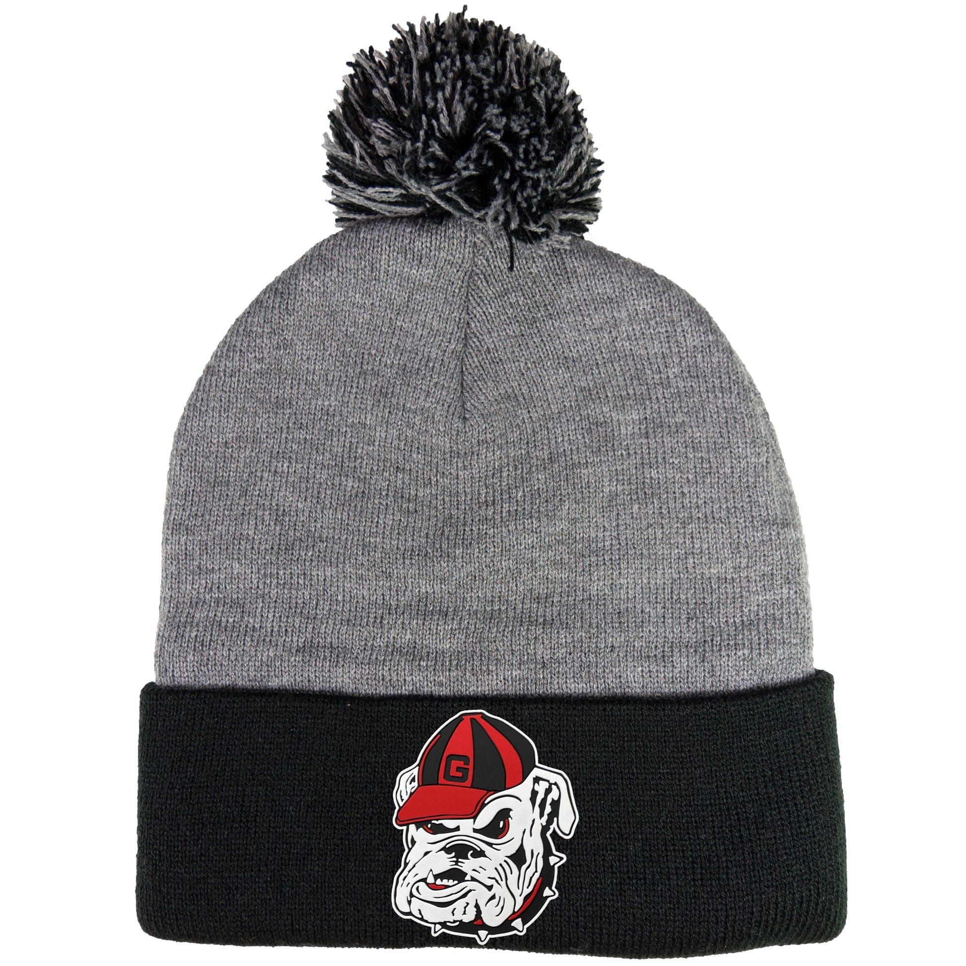 Georgia Bulldogs Vintage 3D Logo 12 in Knit Pom-Pom Top Beanie- Dark Heather Grey/ Black - Ten Gallon Hat Co.