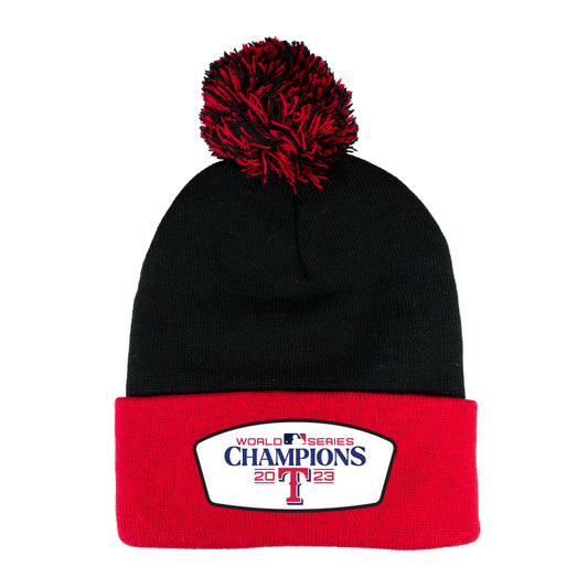Texas Rangers 2023 World Series Champions 3D 12 in Knit Pom-Pom Top Beanie- Black/ Red - Ten Gallon Hat Co.