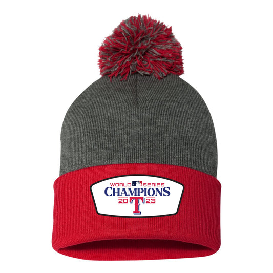 Texas Rangers 2023 World Series Champions 3D 12 in Knit Pom-Pom Top Beanie- Dark Heather Grey/ Red - Ten Gallon Hat Co.