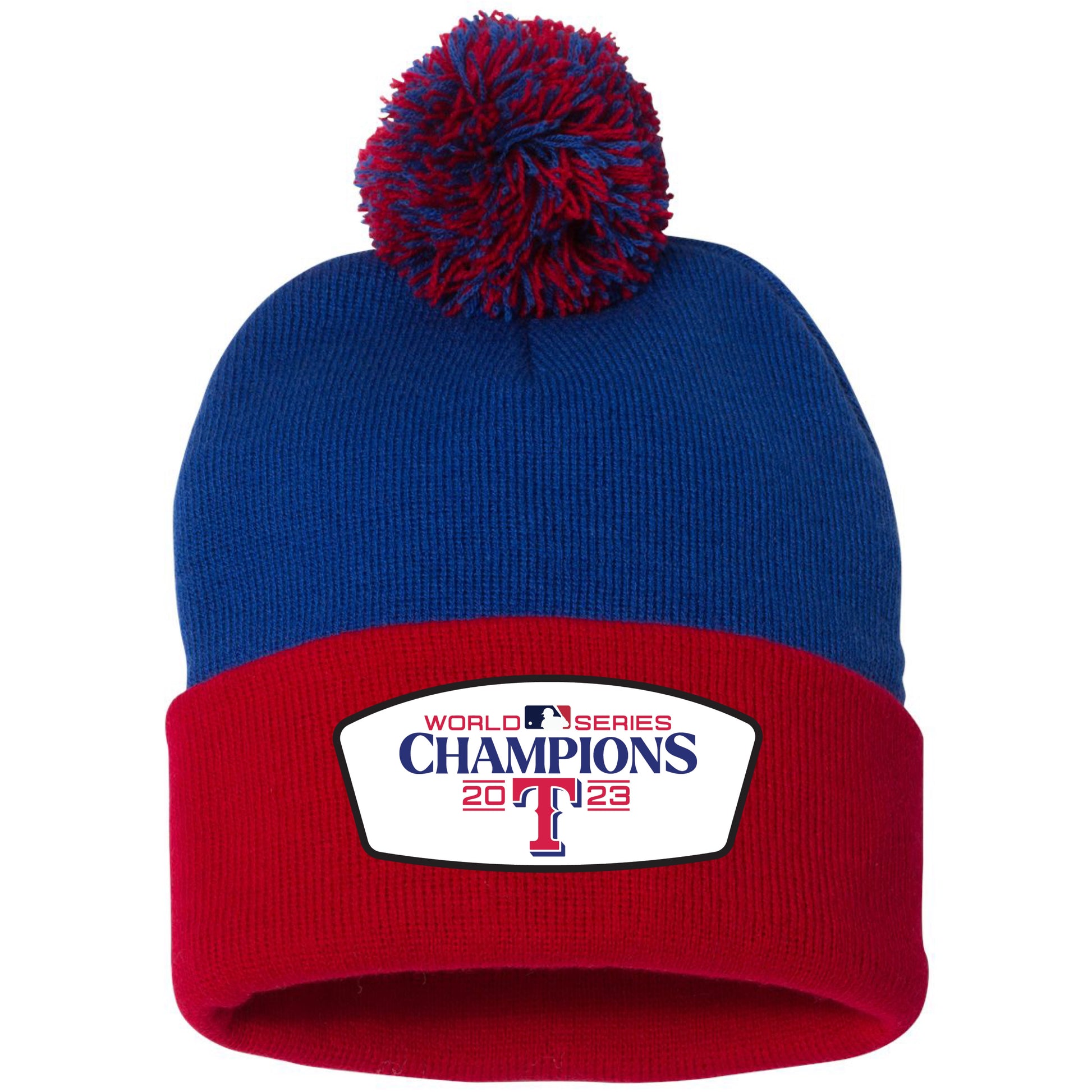 Texas Rangers 2023 World Series Champions 3D 12 in Knit Pom-Pom Top Beanie- Royal/ Red - Ten Gallon Hat Co.