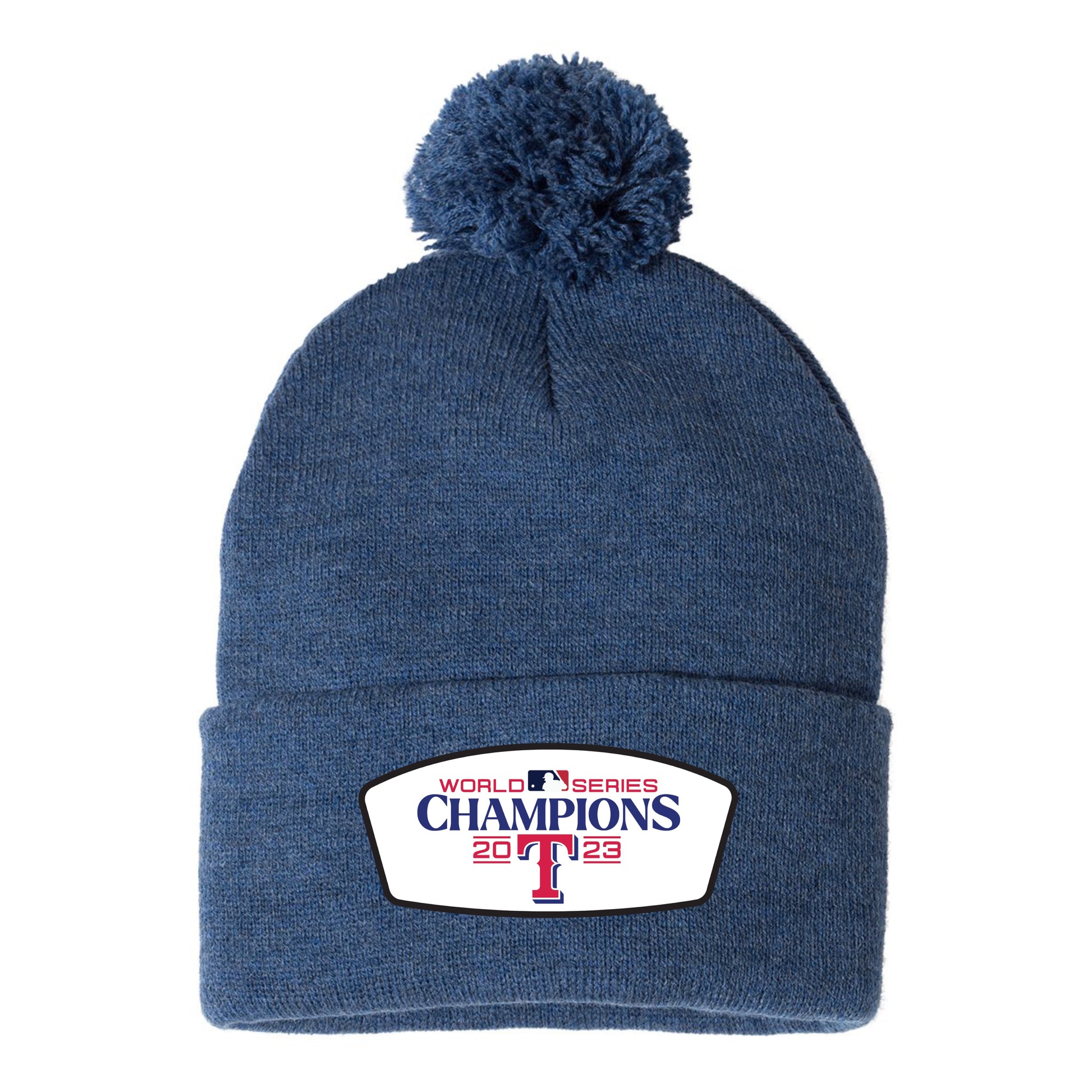 Texas Rangers 2023 World Series Champions 3D 12 in Knit Pom-Pom Top Beanie- Heather Dark Royal - Ten Gallon Hat Co.