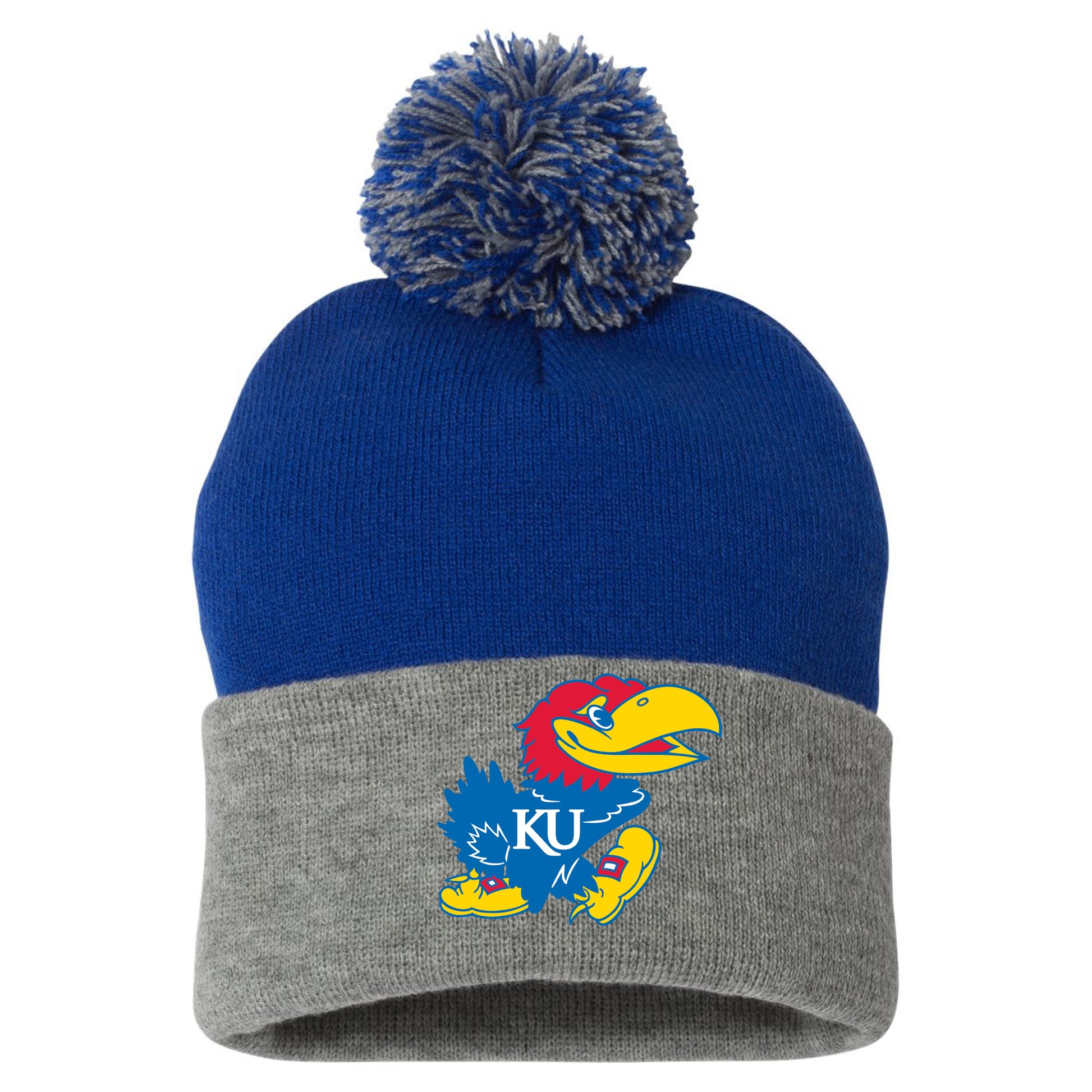 Kansas Jayhawks Classic 3D 12 in Knit Pom-Pom Top Beanie- Royal/ Grey - Ten Gallon Hat Co.