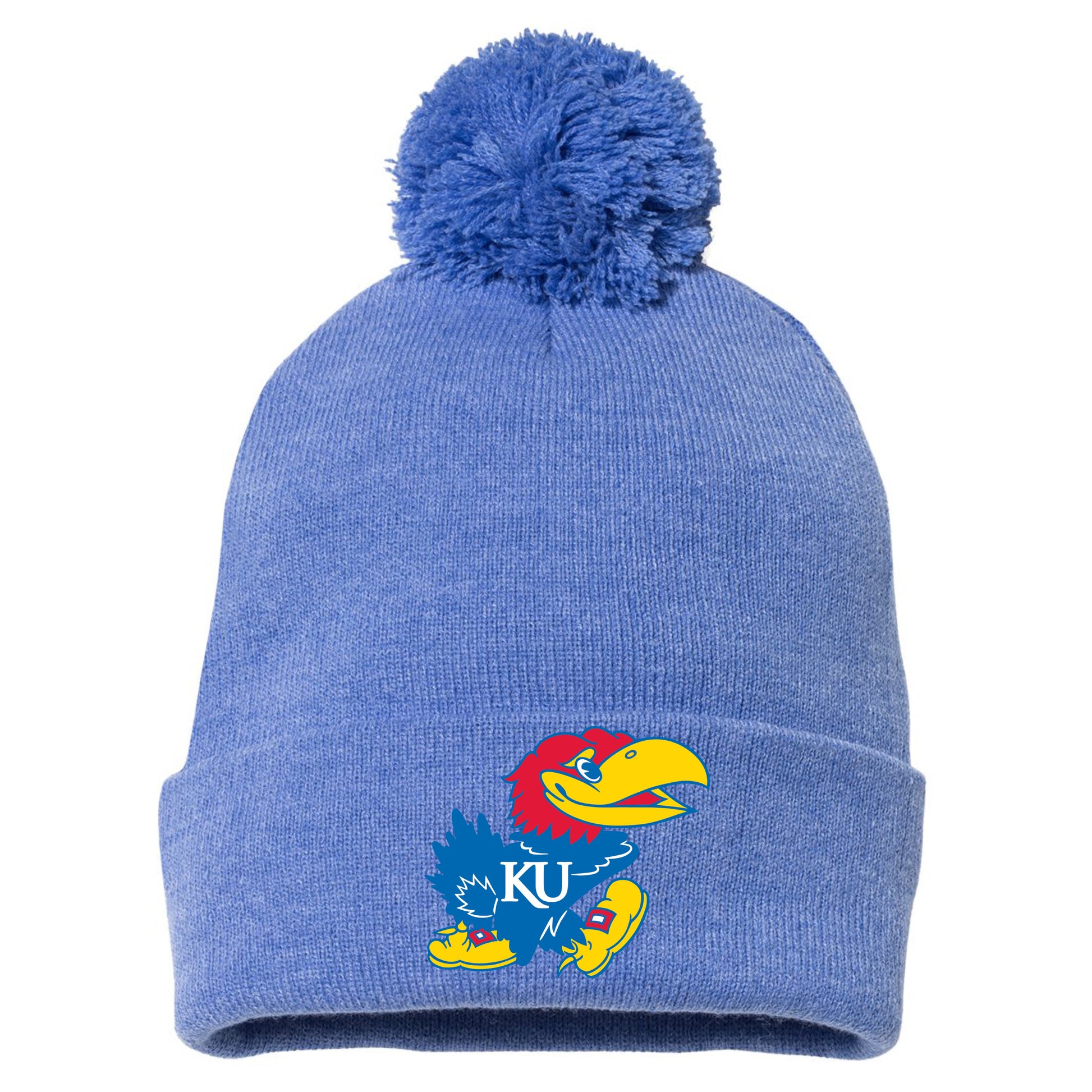 Kansas Jayhawks Classic 3D 12 in Knit Pom-Pom Top Beanie- Heather Royal - Ten Gallon Hat Co.