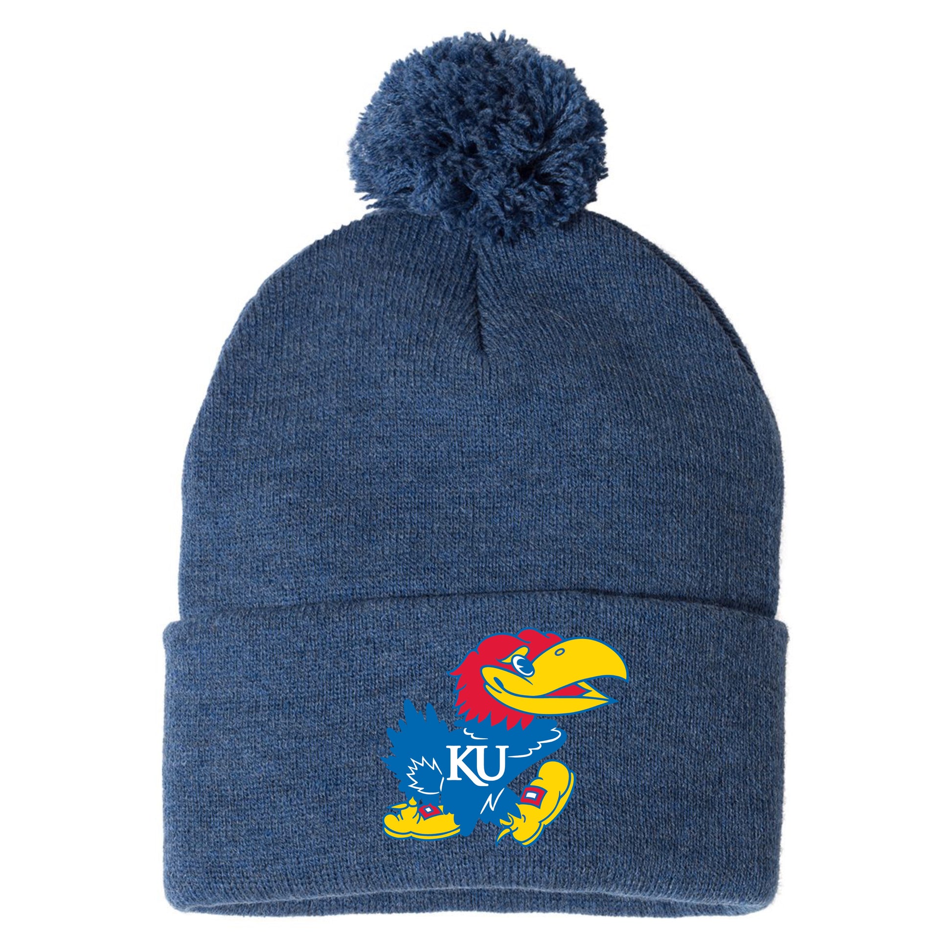 Kansas Jayhawks Classic 3D 12 in Knit Pom-Pom Top Beanie- Heather Dark Royal - Ten Gallon Hat Co.