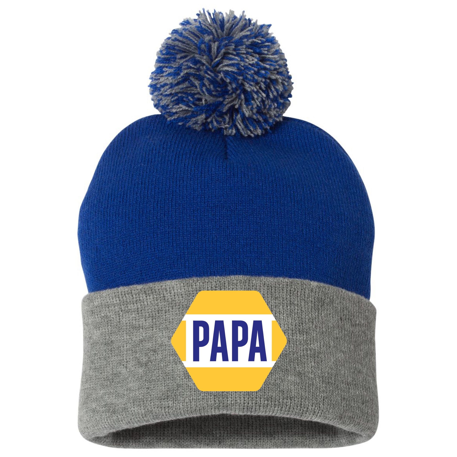 PAPA Know How 3D 12 in Knit Pom-Pom Top Beanie- Royal/ Grey - Ten Gallon Hat Co.